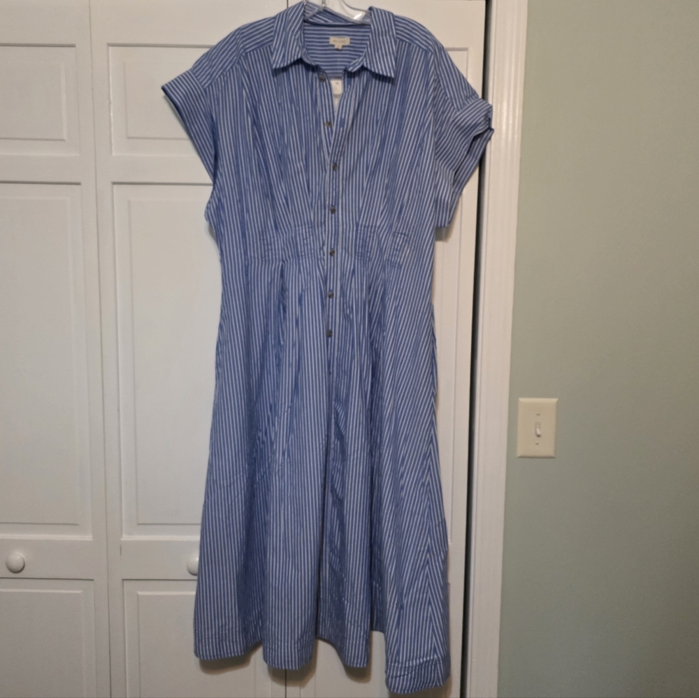 Anthropologie Pilcro Short-Sleeve Shirt Dress 2X (1X) Blue & White Striped